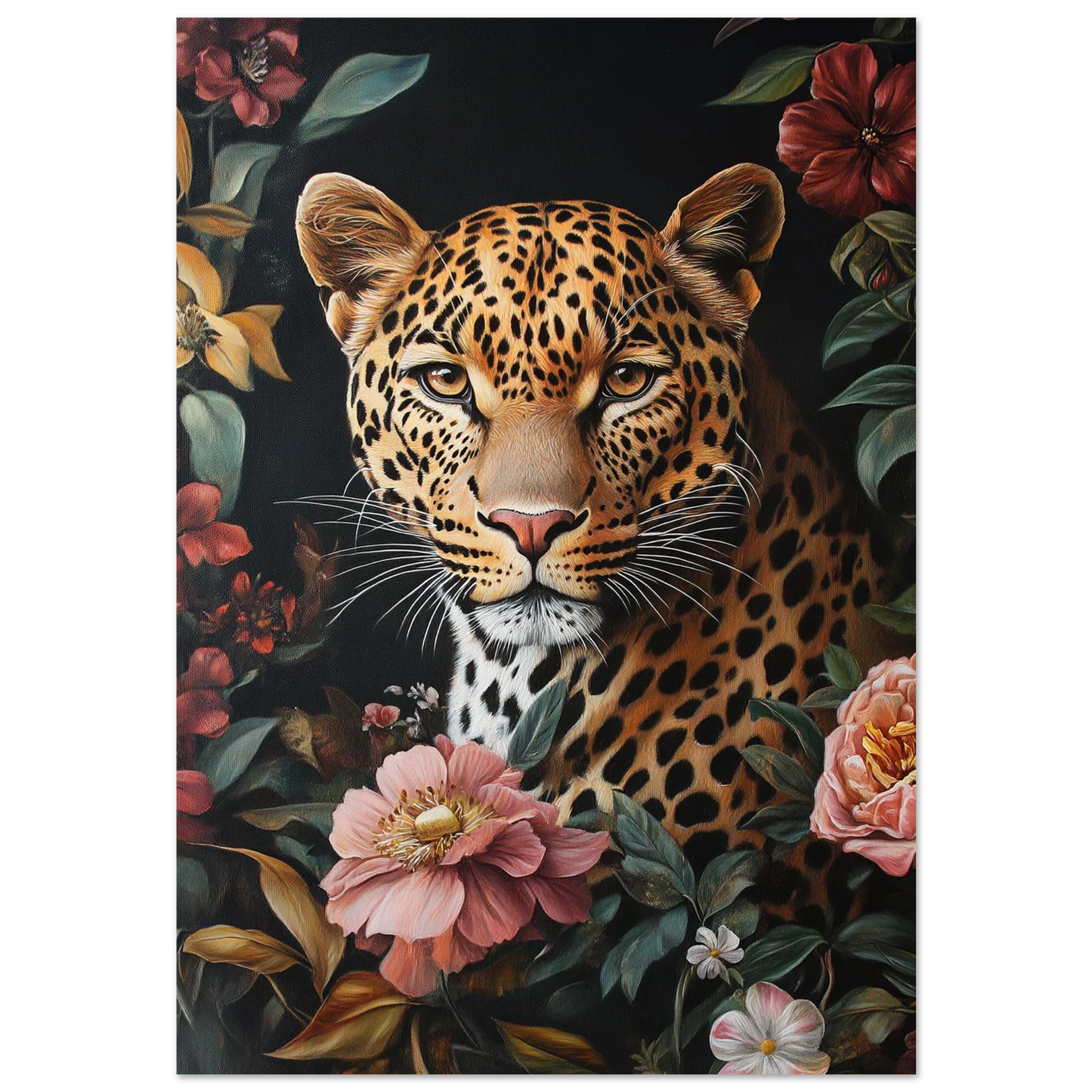 Leopard porträtt omgiven av rosa pioner och mörka blad, oljemålning