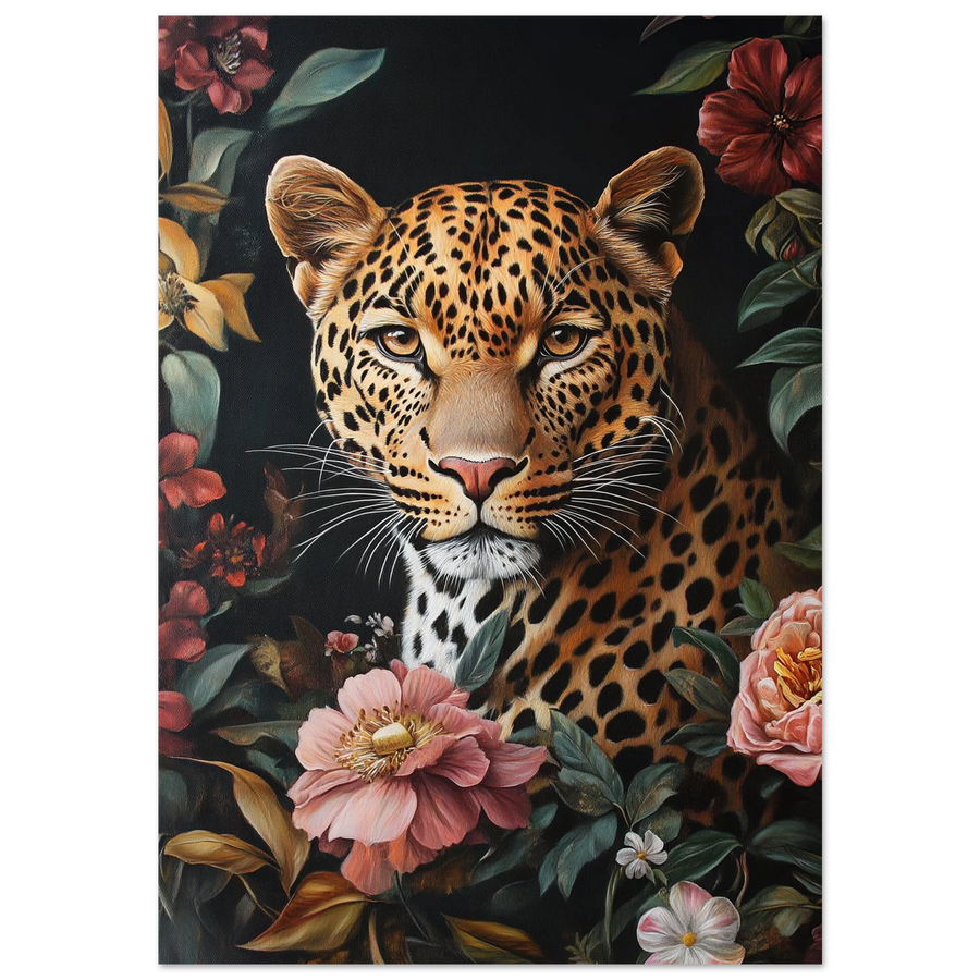 Leopard porträtt omgiven av rosa pioner och mörka blad, oljemålning
