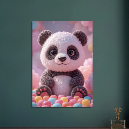 Söt panda av godis och fluffiga moln, lekfull drömvärld.