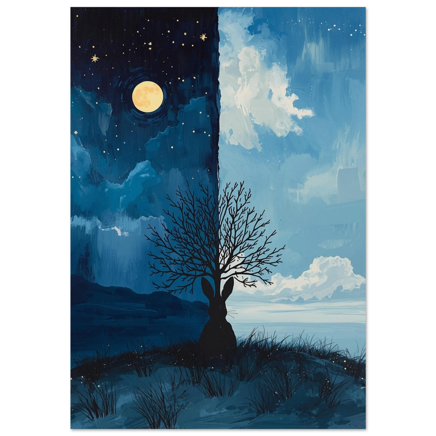 Svart kaninsilhuett under måne och sol – surrealistisk djurposter