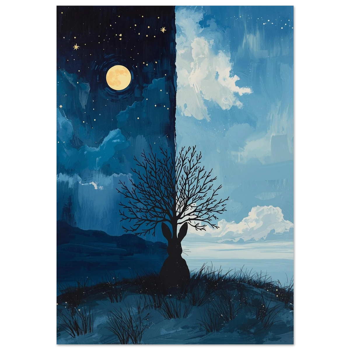 Svart kaninsilhuett under måne och sol – surrealistisk djurposter