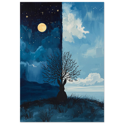 Svart kaninsilhuett under måne och sol – surrealistisk djurposter
