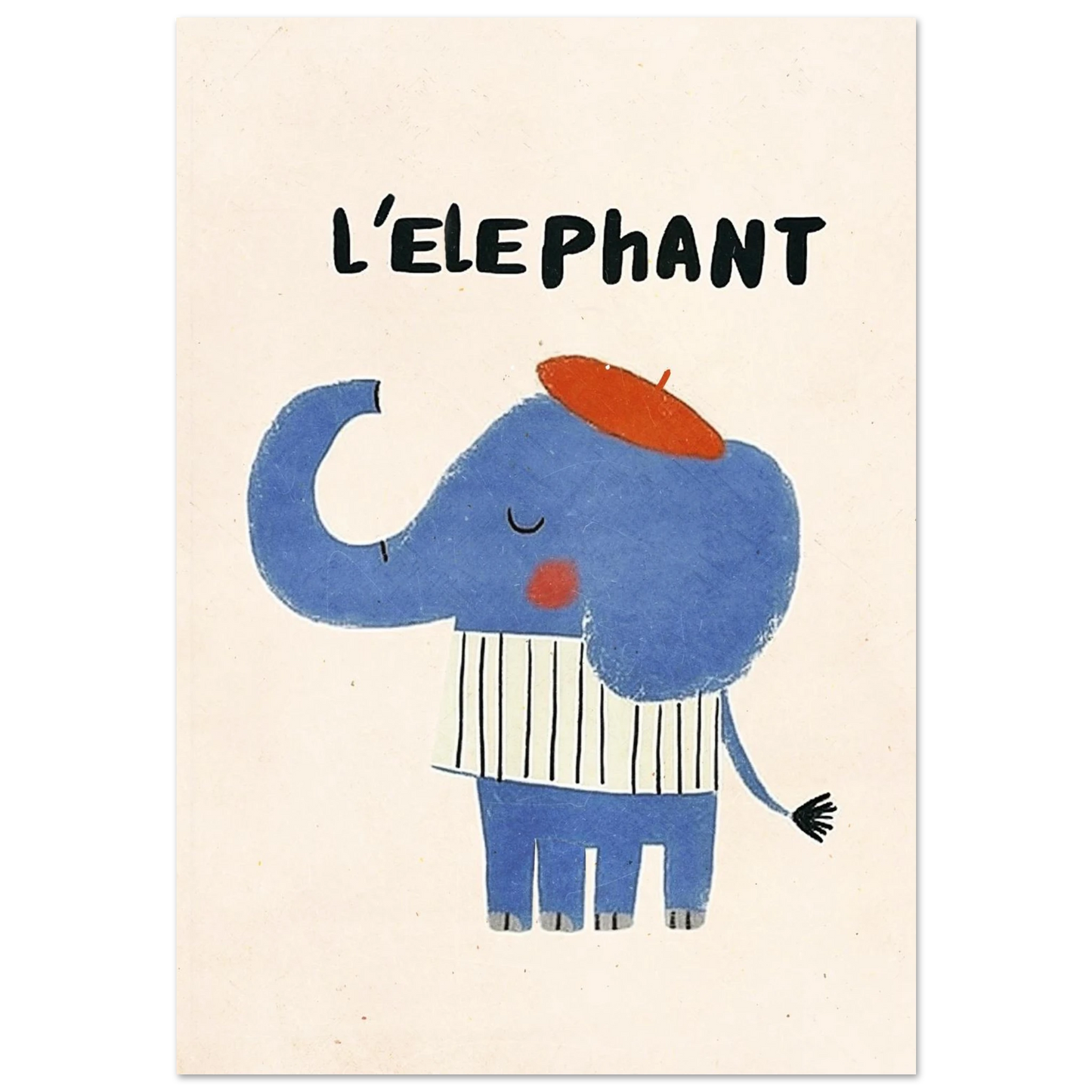 Blå elefant i röd basker och vitrandig tröja – fransk illustration