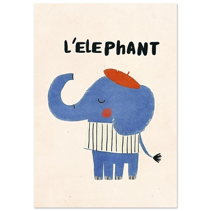 Blå elefant i röd basker och vitrandig tröja – fransk illustration