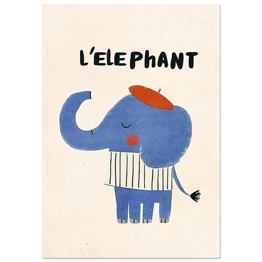 Blå elefant i röd basker och vitrandig tröja – fransk illustration