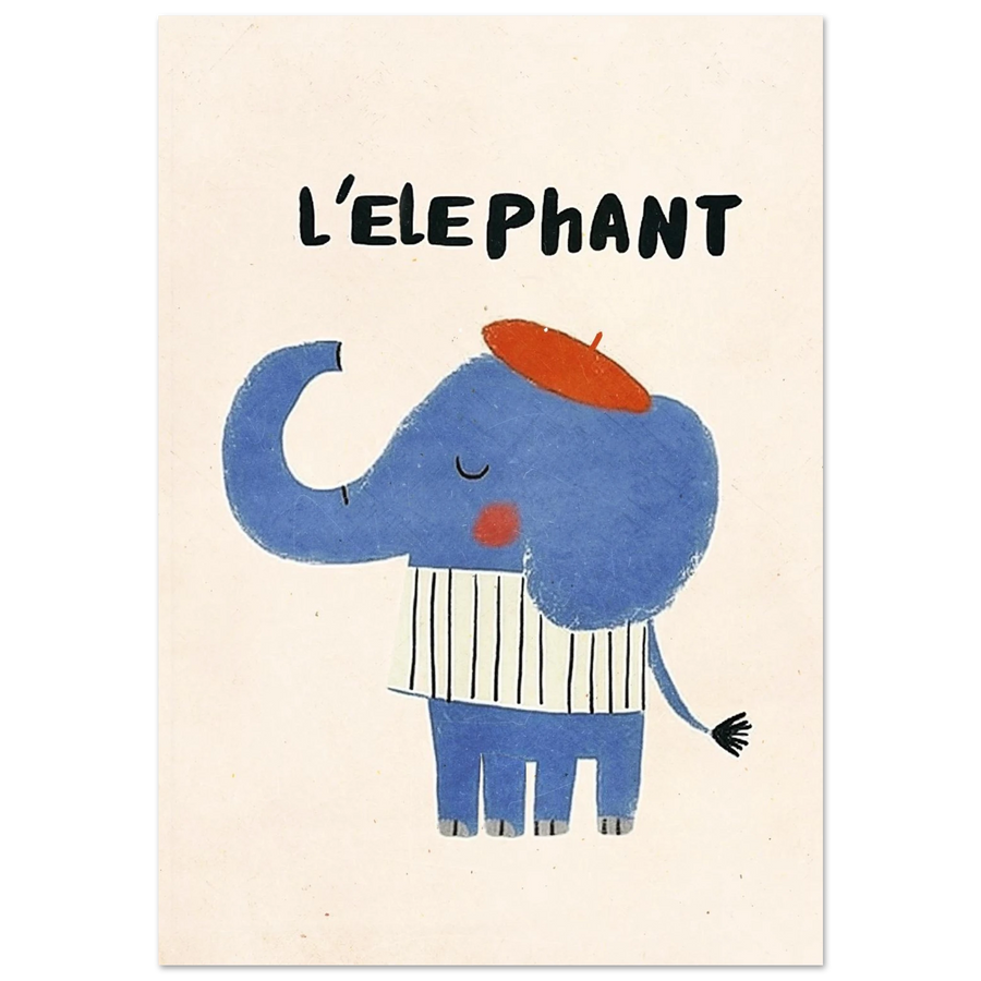 Blå elefant i röd basker och vitrandig tröja – fransk illustration