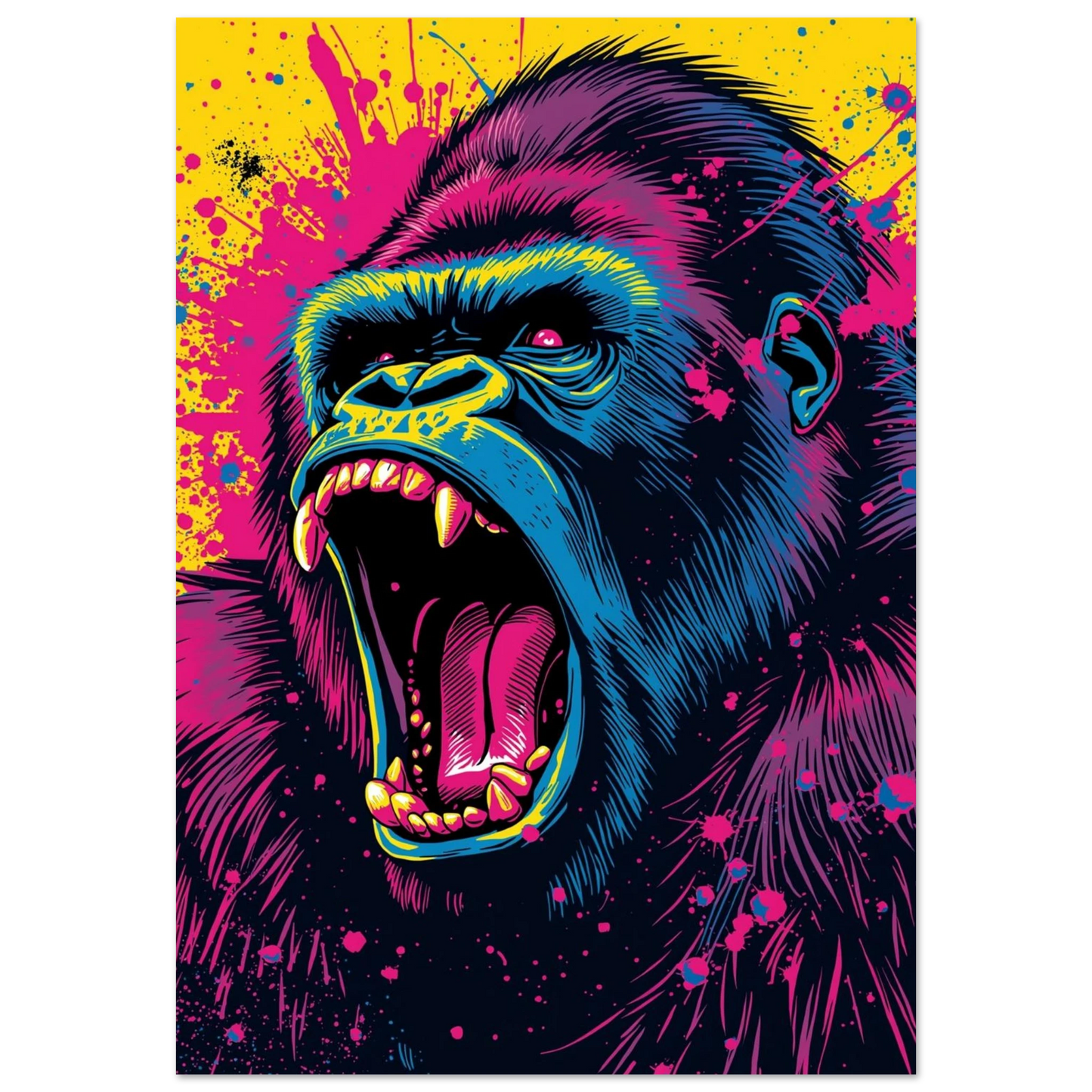 Popart gorilla med öppen mun och skrikande uttryck i blå, rosa och gul neonfärg – Tecknad poster
