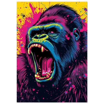Popart gorilla med öppen mun och skrikande uttryck i blå, rosa och gul neonfärg – Tecknad poster