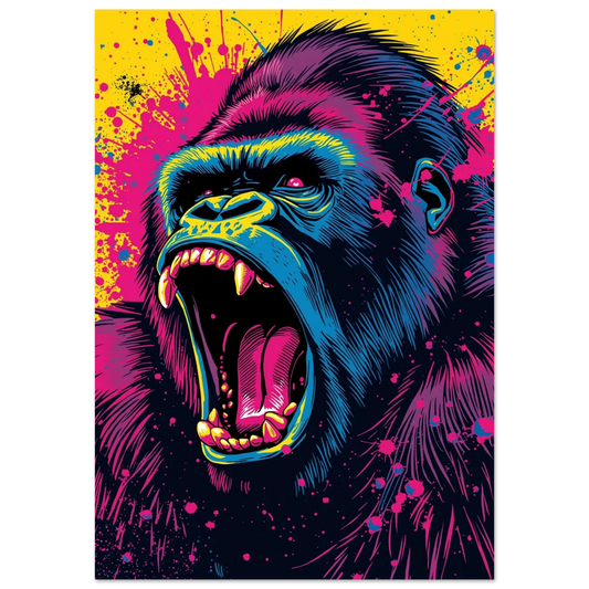 Popart gorilla med öppen mun och skrikande uttryck i blå, rosa och gul neonfärg – Tecknad poster