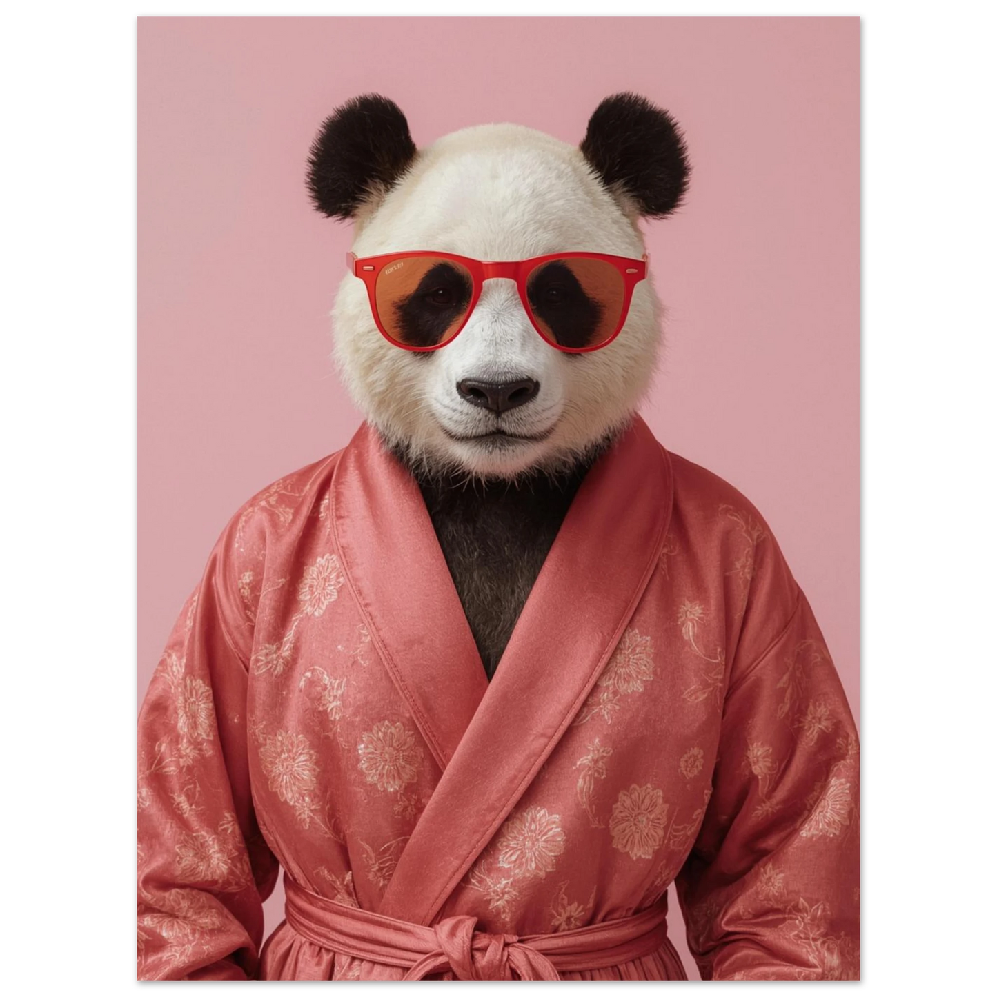 Snygg panda i rosa morgonrock mot pastellrosa bakgrund – modern tavla