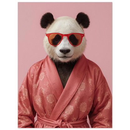 Snygg panda i rosa morgonrock mot pastellrosa bakgrund – modern tavla