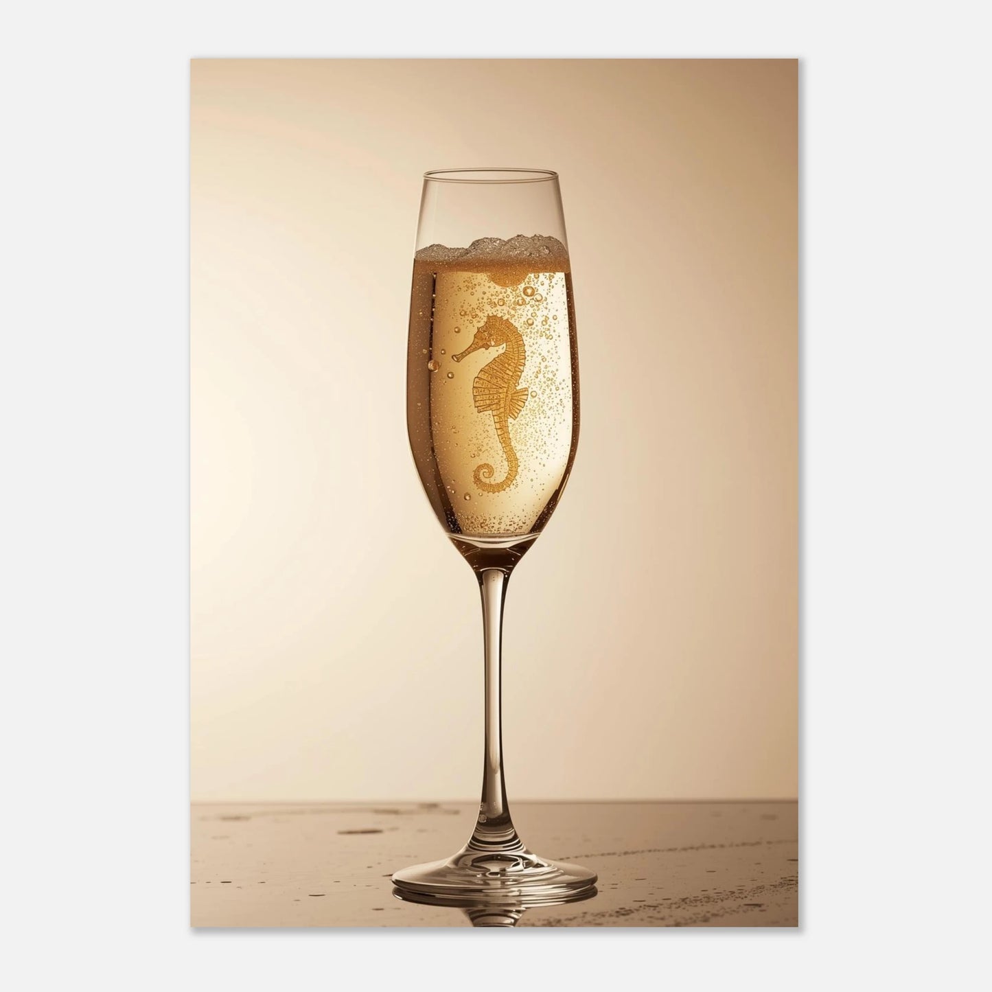 Surrealistisk bild av en sjöhäst i ett champagneglas, lyxig inredningsdetalj