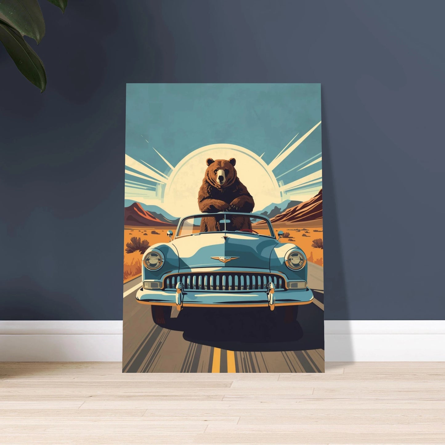 Björn i retrobil på öppen väg, vintage reseposter illustration
