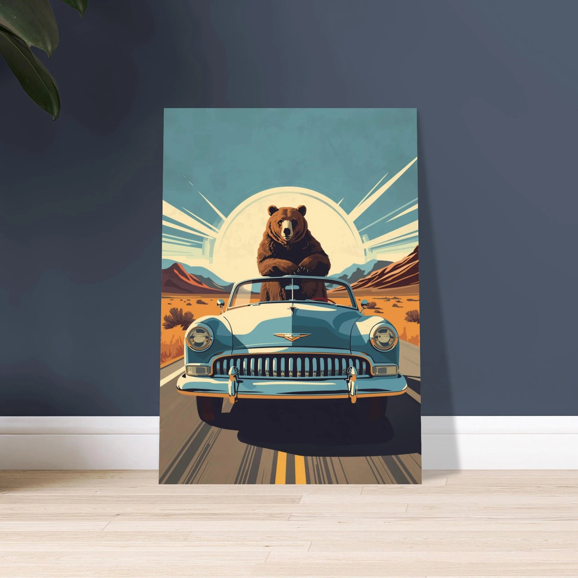 Björn i retrobil på öppen väg, vintage reseposter illustration