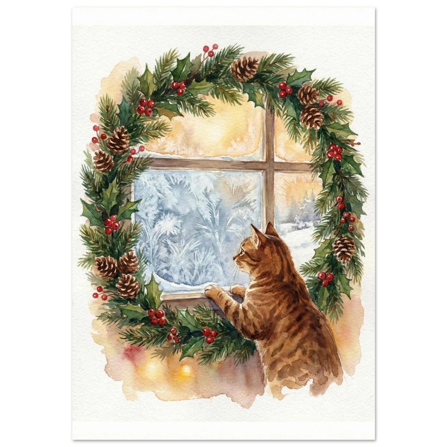 Brunspräcklig katt vid fönster med julkrans och frostig utsikt – akvarellposter