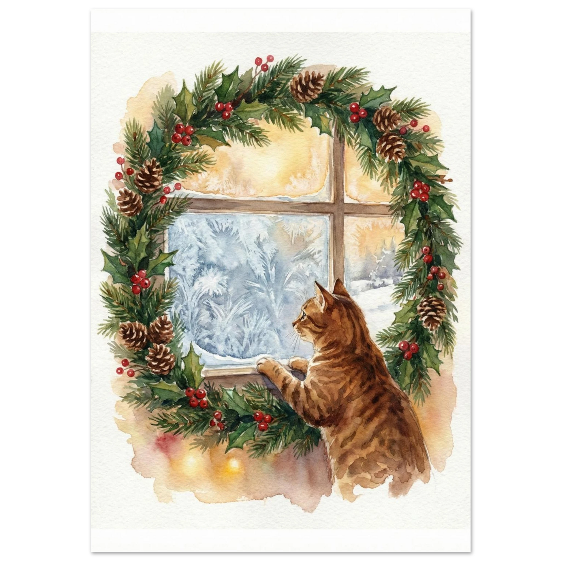 Brunspräcklig katt vid fönster med julkrans och frostig utsikt – akvarellposter