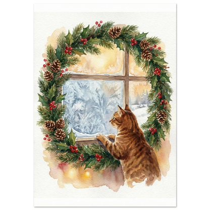 Brunspräcklig katt vid fönster med julkrans och frostig utsikt – akvarellposter