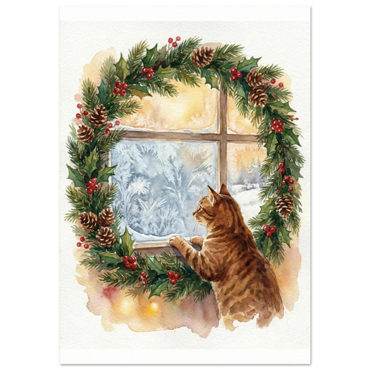 Brunspräcklig katt vid fönster med julkrans och frostig utsikt – akvarellposter