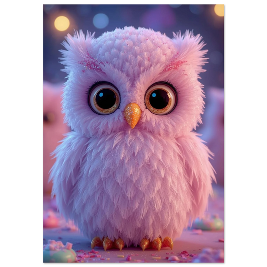 Rosa fluffig uggla med stora ögon i sockervaddsstil – uggleposter