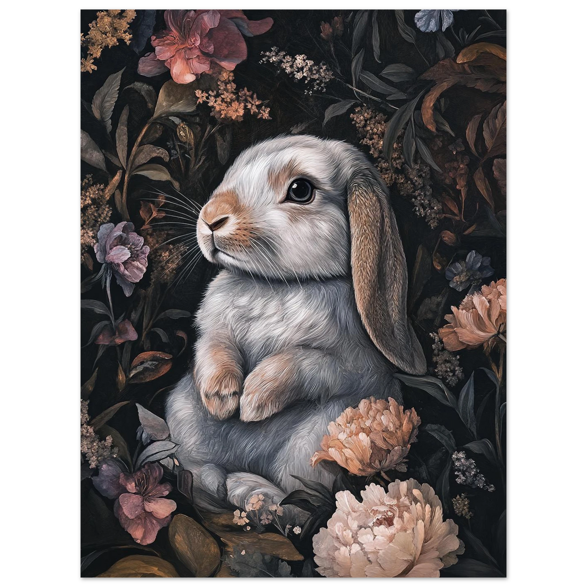 Detaljrik illustration av en kanin vilande i ett romantiskt blomsterarrangemang