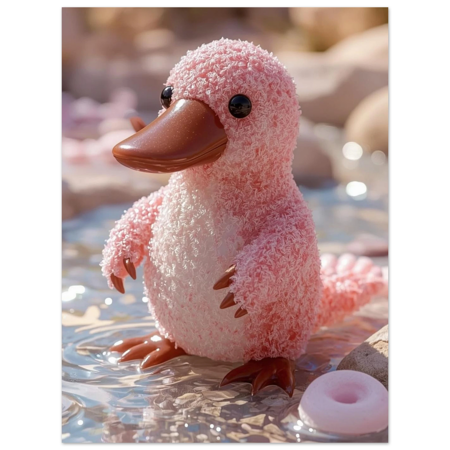 Ljusstark illustration av ett fluffigt rosa näbbdjur med glansiga detaljer