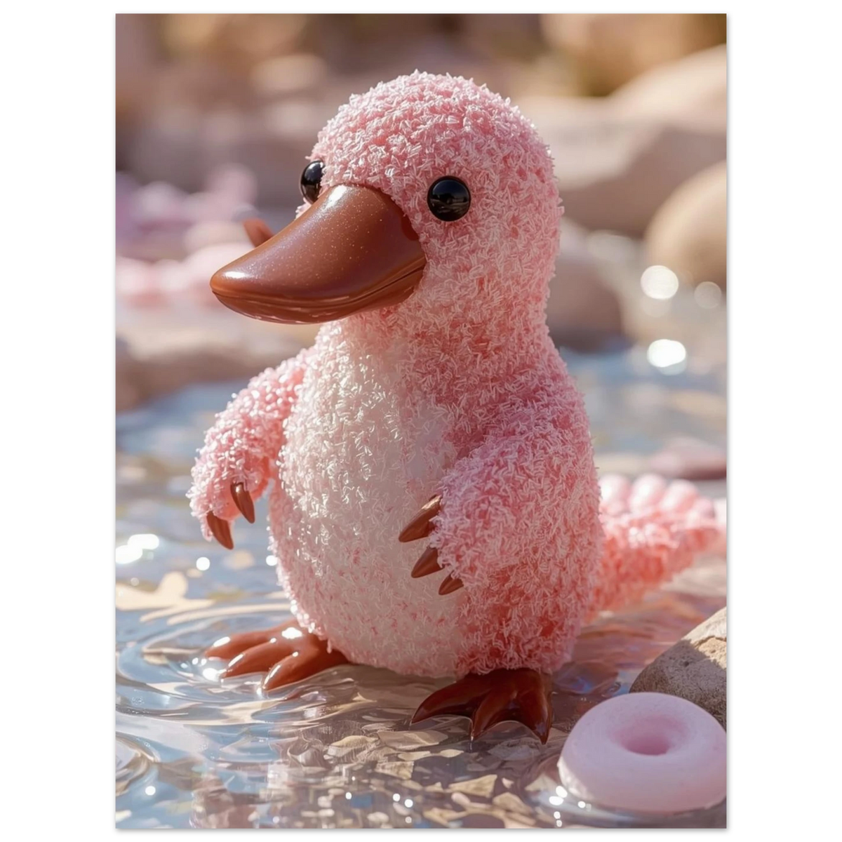 Ljusstark illustration av ett fluffigt rosa näbbdjur med glansiga detaljer
