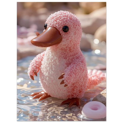 Ljusstark illustration av ett fluffigt rosa näbbdjur med glansiga detaljer