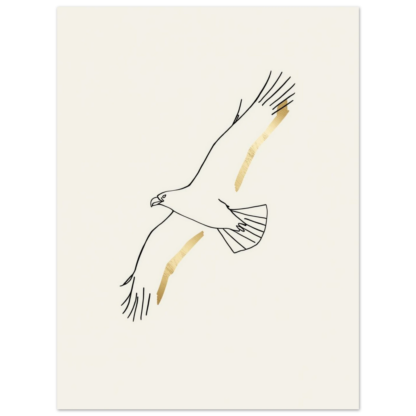 Närbild på en minimalistisk flygande örn i linjekonst med gulddetaljer på en poster – Tecknad poster