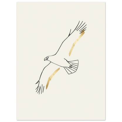 Närbild på en minimalistisk flygande örn i linjekonst med gulddetaljer på en poster – Tecknad poster