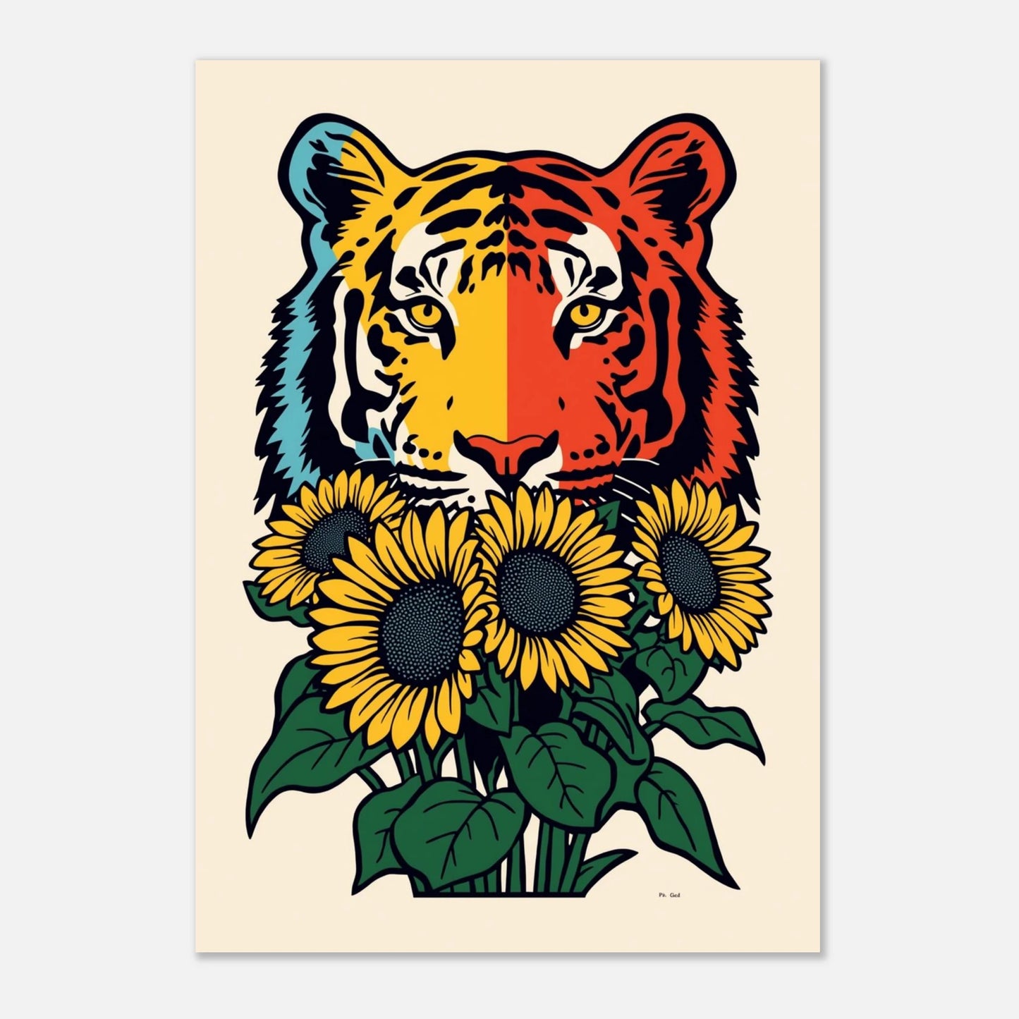 Livfull väggkonst med tiger och solrosor i en modern färgpalett