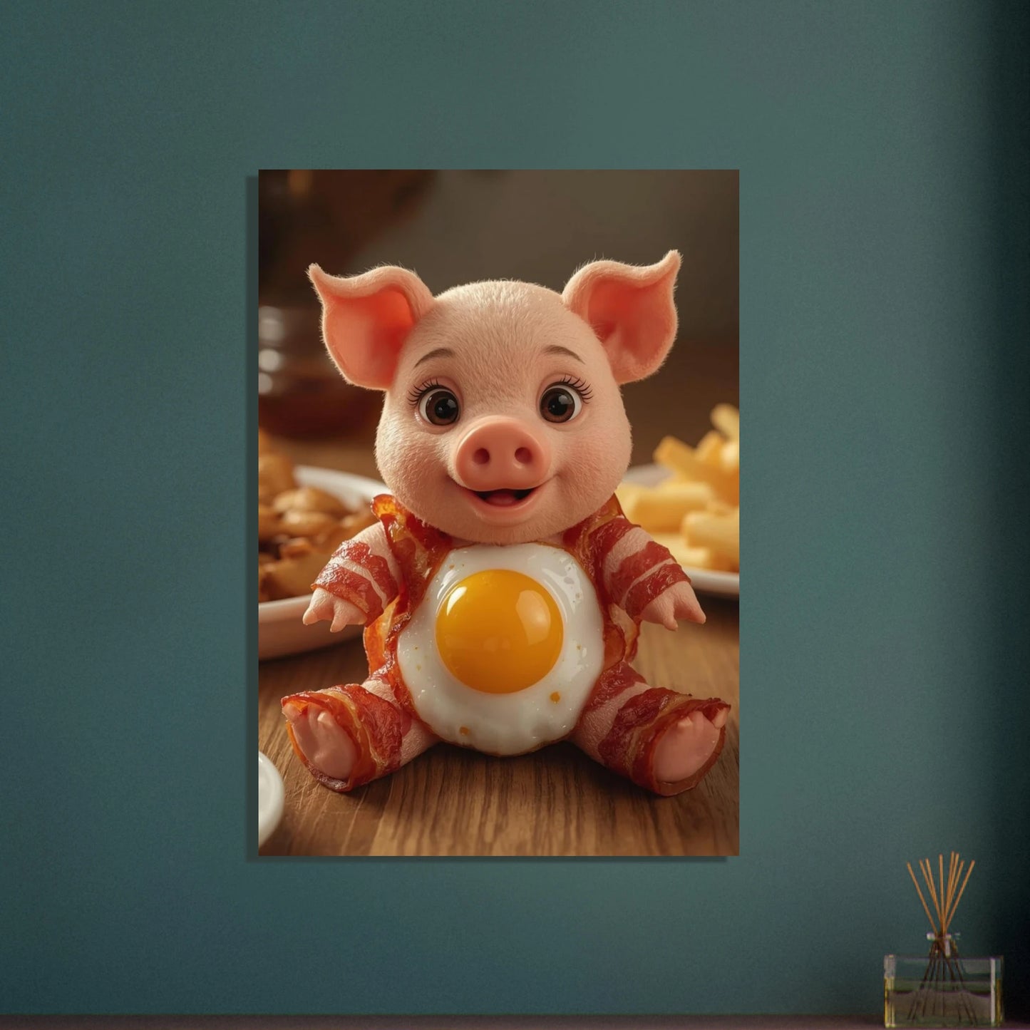 Söt grisfigur gjord av bacon och ägg, lekfullt motiv.