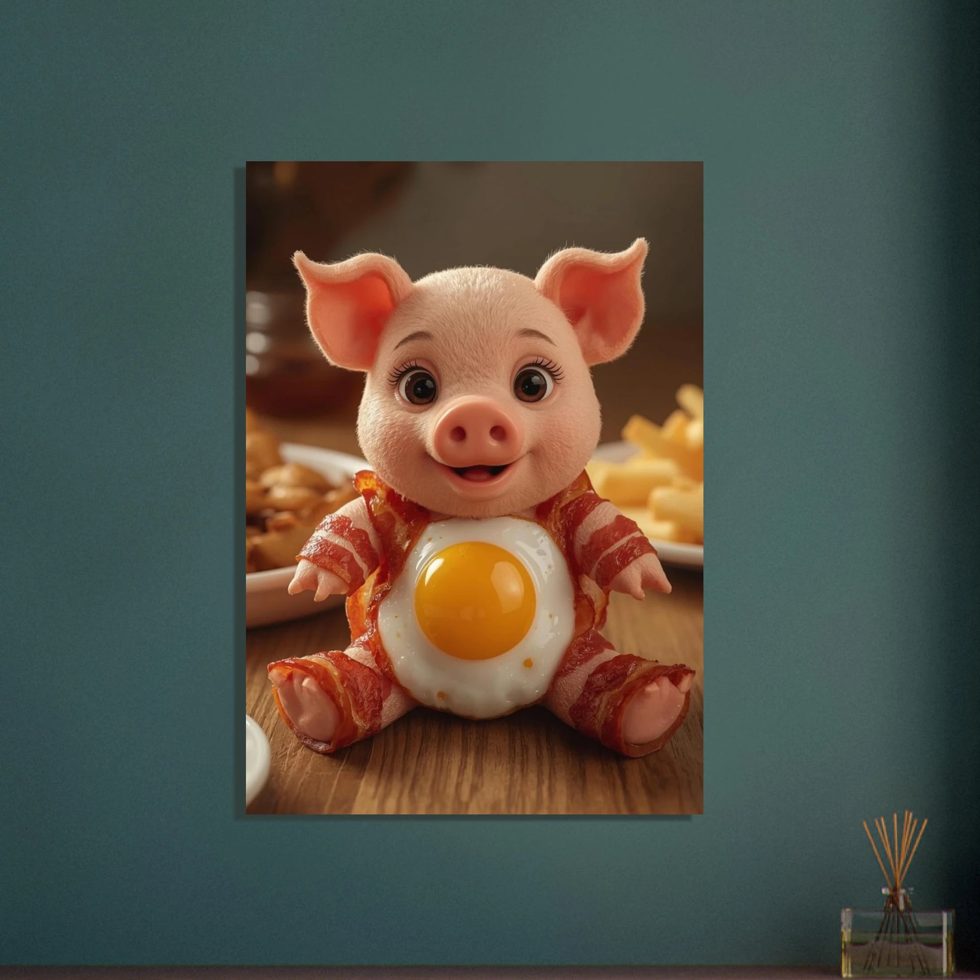 Söt grisfigur gjord av bacon och ägg, lekfullt motiv.