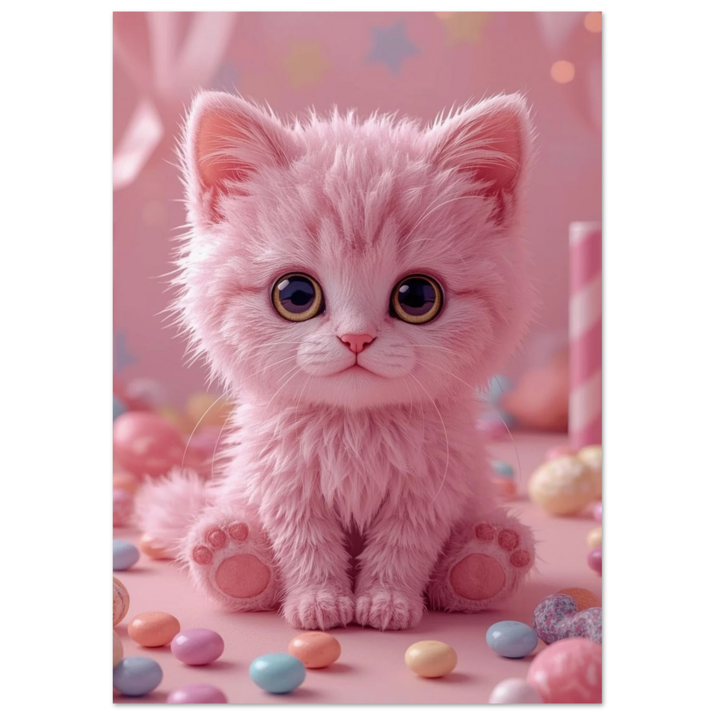 Närbild på en rosa kattunge med mjuk päls, barnrumstavla i pastell