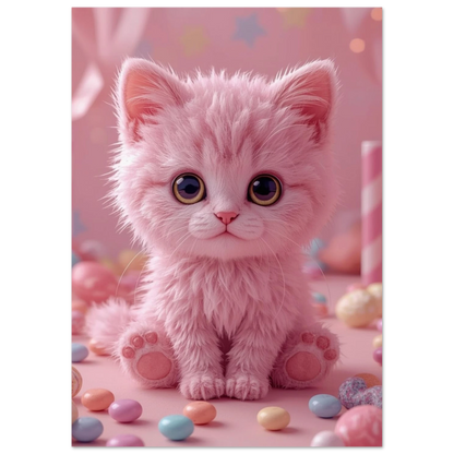 Närbild på en rosa kattunge med mjuk päls, barnrumstavla i pastell