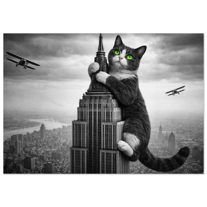 Gigantisk svartvit katt med gröna ögon klättrar på skyskrapa, två flygplan närmar sig – Fotorealistisk poster