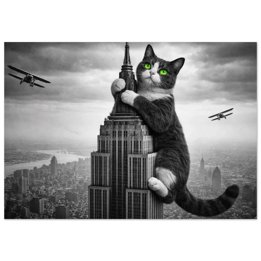 Gigantisk svartvit katt med gröna ögon klättrar på skyskrapa, två flygplan närmar sig – Fotorealistisk poster