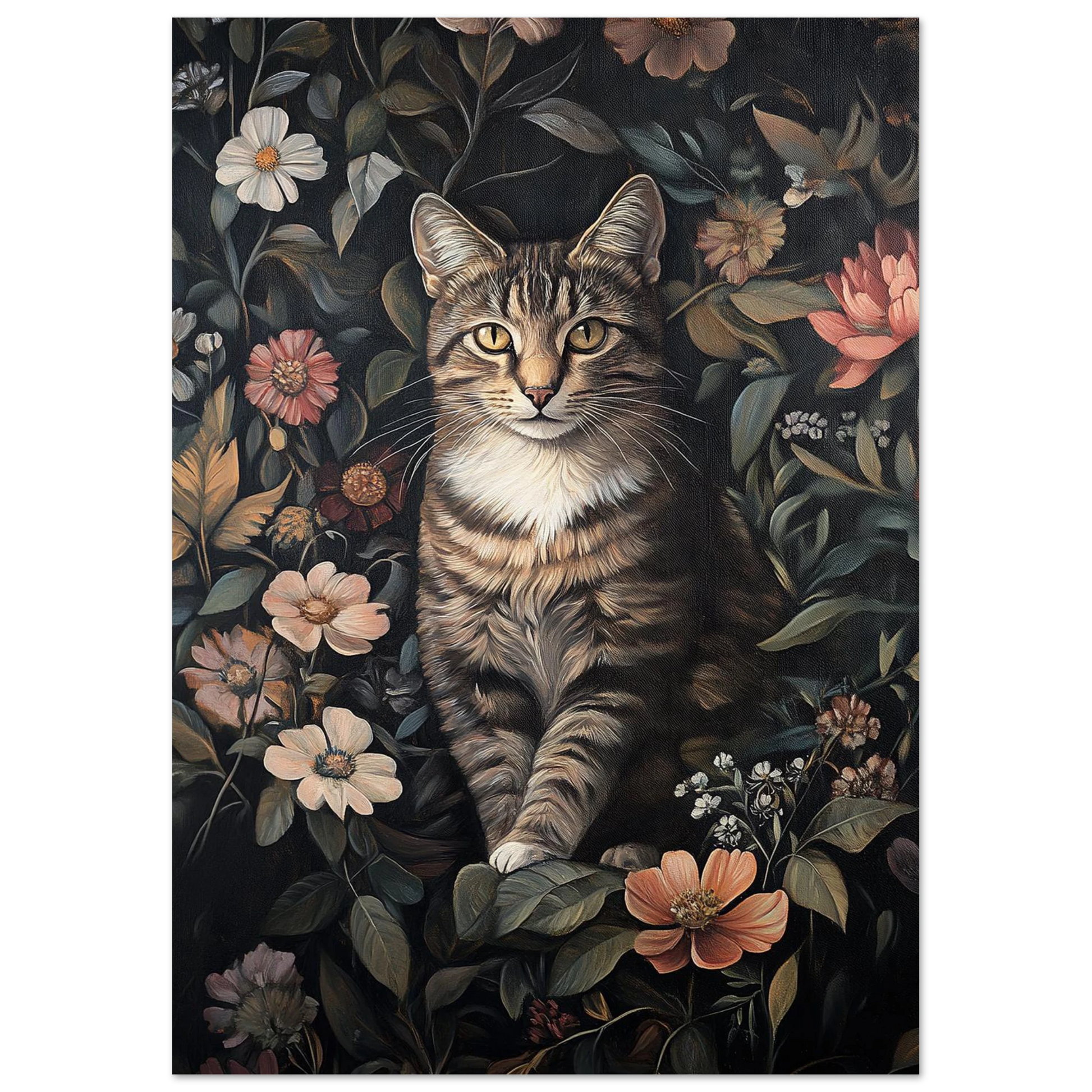 Konstnärlig illustration av katt i prunkande trädgård med mörkt ramverk