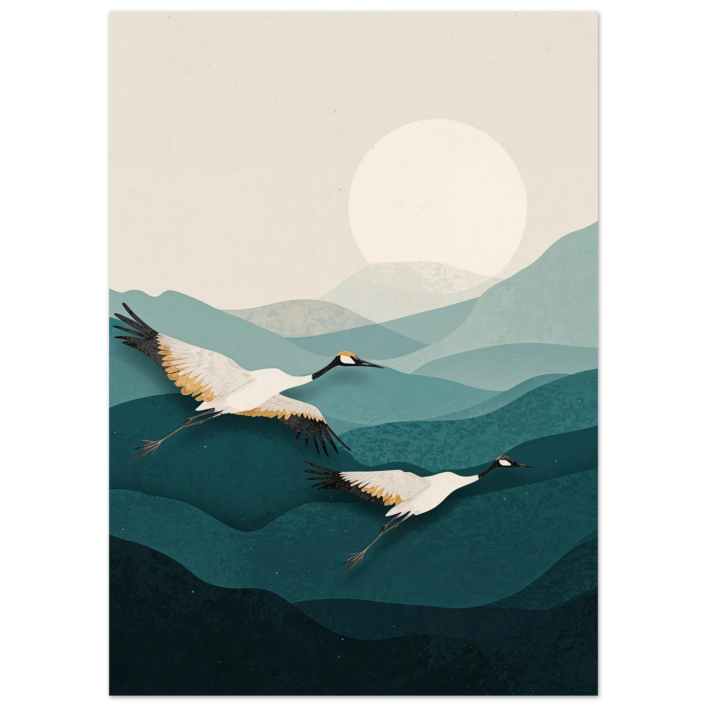 Modern naturobjekt med tranor och berg i dämpad grön och blå färgskala – Retro poster