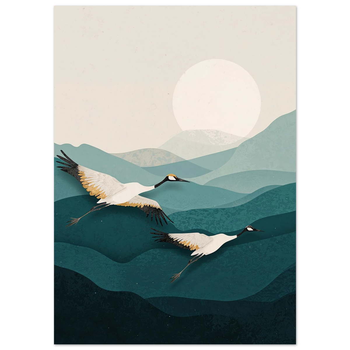 Modern naturobjekt med tranor och berg i dämpad grön och blå färgskala – Retro poster