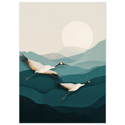 Modern naturobjekt med tranor och berg i dämpad grön och blå färgskala – Retro poster