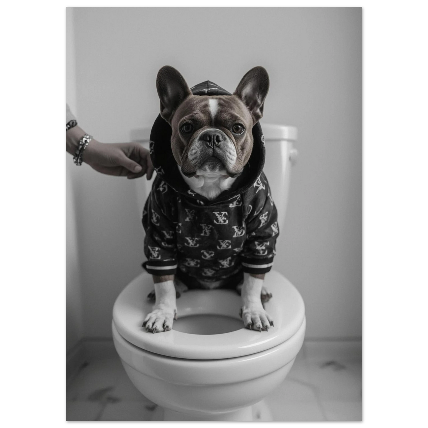 Närbild på fransk bulldog i mörk luvtröja sittandes på toalettstol – djurtavla