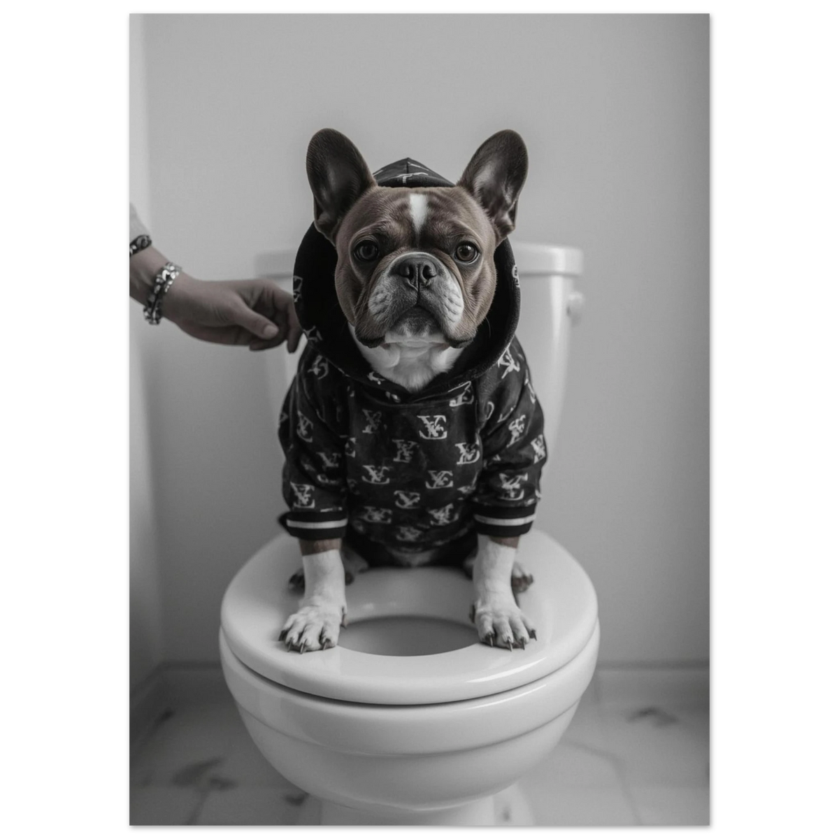 Närbild på fransk bulldog i mörk luvtröja sittandes på toalettstol – djurtavla