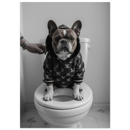 Närbild på fransk bulldog i mörk luvtröja sittandes på toalettstol – djurtavla