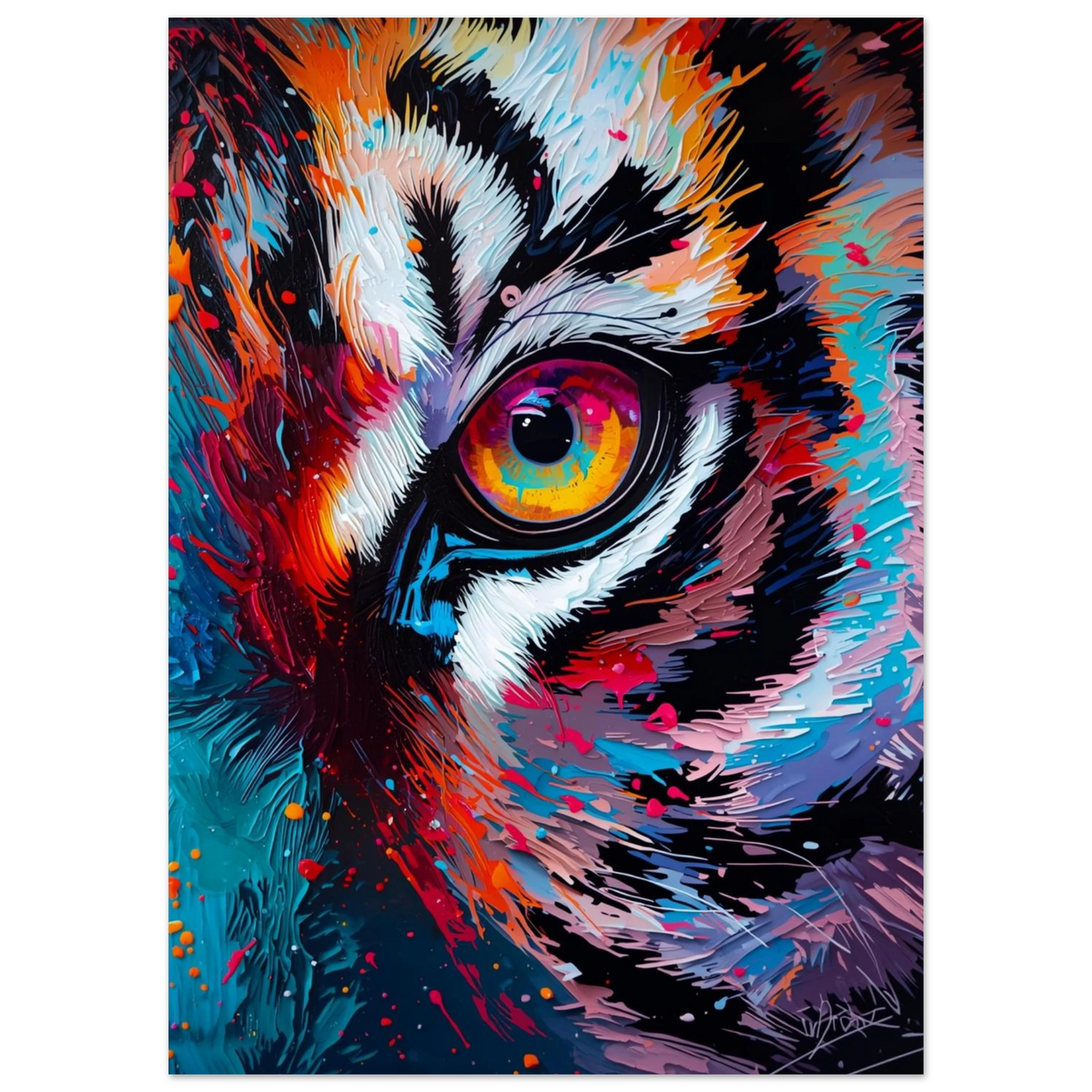 Abstrakt tigeransikte med tjocka penseldrag i neonrosa och orangea nyanser