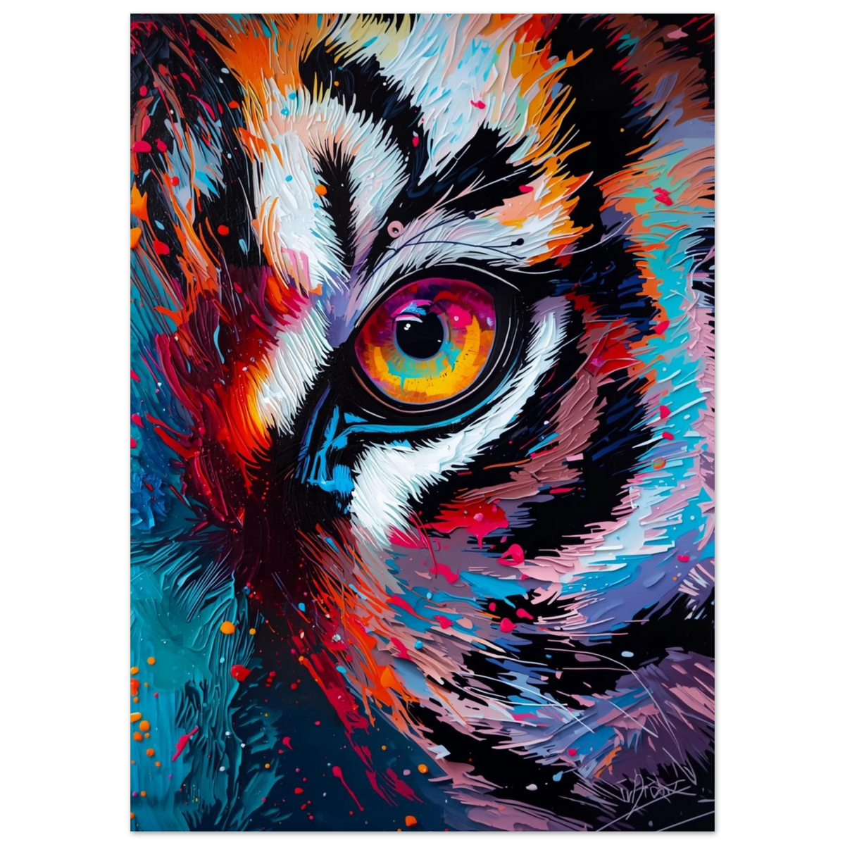 Abstrakt tigeransikte med tjocka penseldrag i neonrosa och orangea nyanser