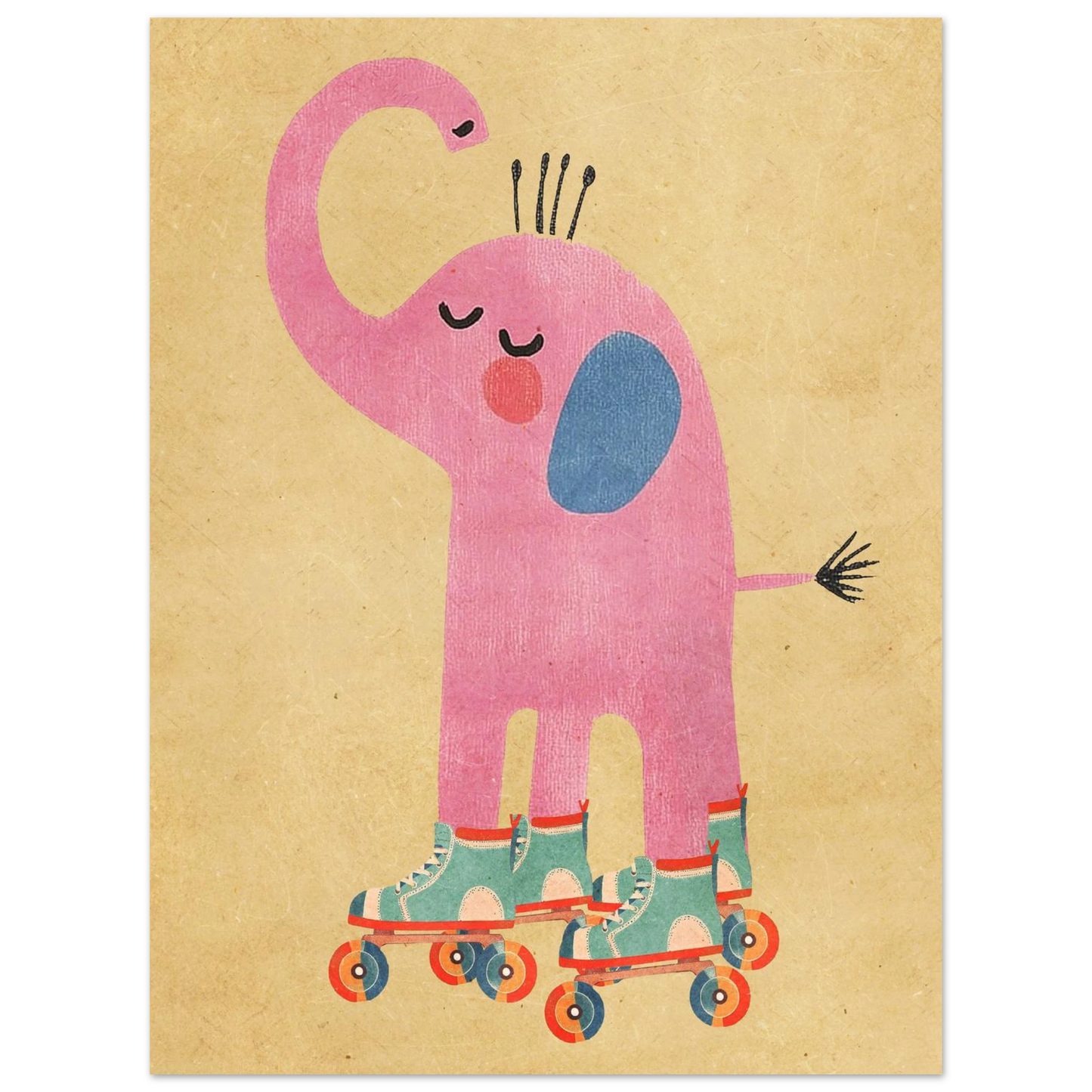 Lekfull djurposter med en rosa elefant på färgglada rullskridskor
