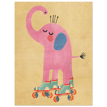 Lekfull djurposter med en rosa elefant på färgglada rullskridskor