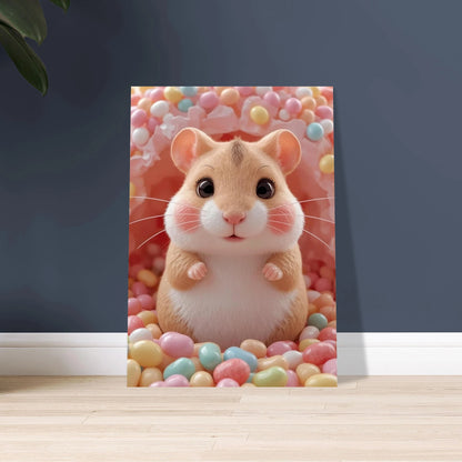 Söt hamster med stora ögon bland färgglada godisbitar
