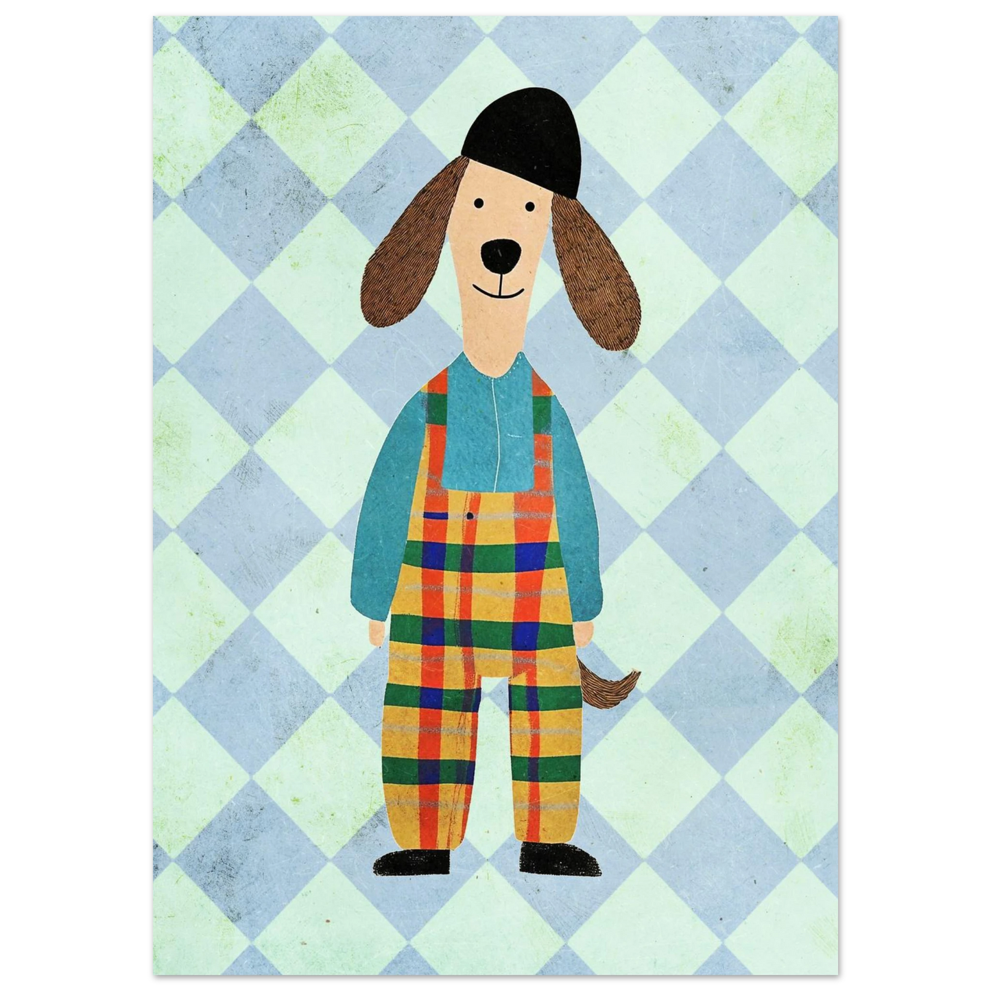 Illustration av glad hundvalp med svart mössa och rutiga kläder