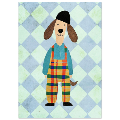Illustration av glad hundvalp med svart mössa och rutiga kläder